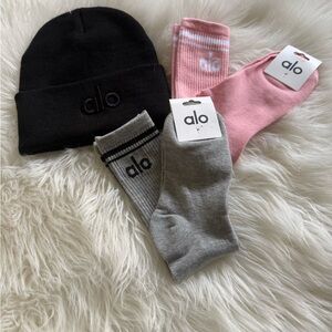 Alo Beanie and Sock Set - Black, Pink, Gray